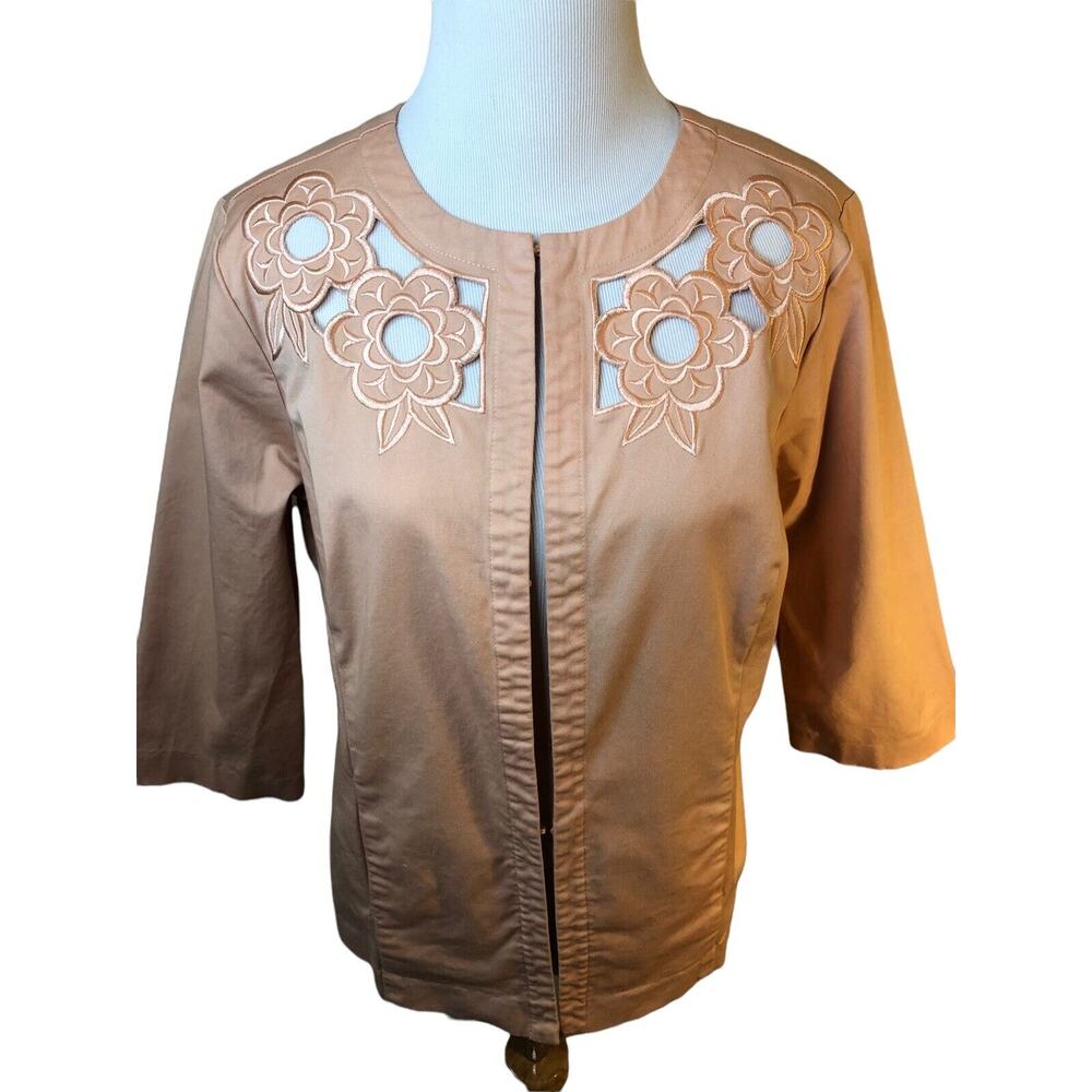 Bob Mackie Wearable Art Womens S Peach Floral Embroidered Cutout Jacket Boho